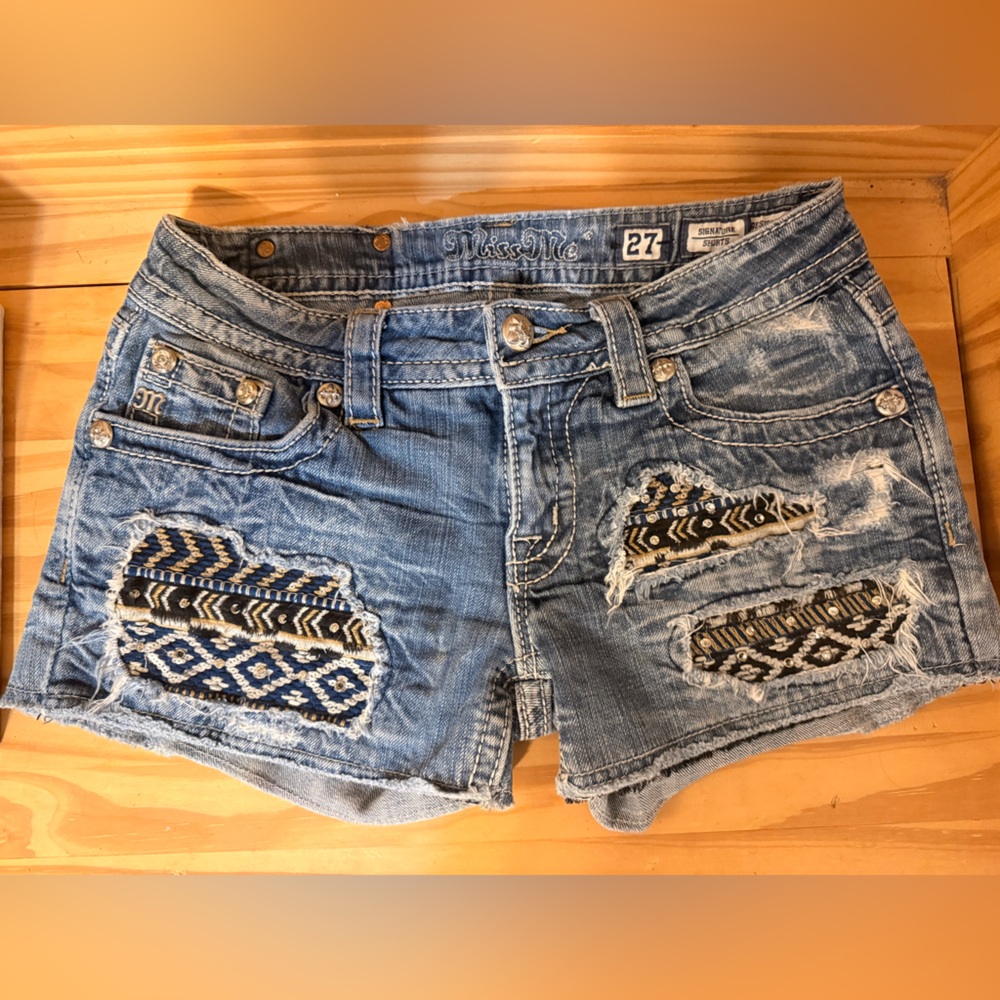 Miss Me Light Blue Distressed Denim Shorts with Tribal Accents